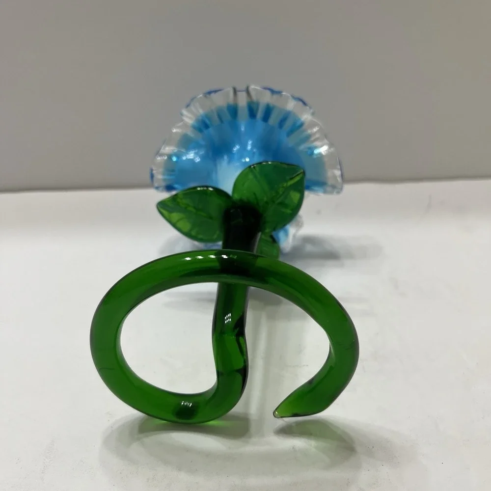 Vintage Hand-Blown Art Glass Flower Vase Candle Holder Bright Blue Ruffled 6x4